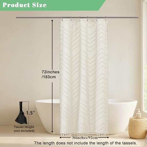Small Boho Stall Shower Curtain, Beige Fabric Cloth Stall Shower Curtain 36 x 72 Half Size with Tassel Tufted Chevron Striped Textured Modern Farmhouse for Bathroom, Machine Washable - color: Beige, size: 36"W x 72"L (Pack of 1)