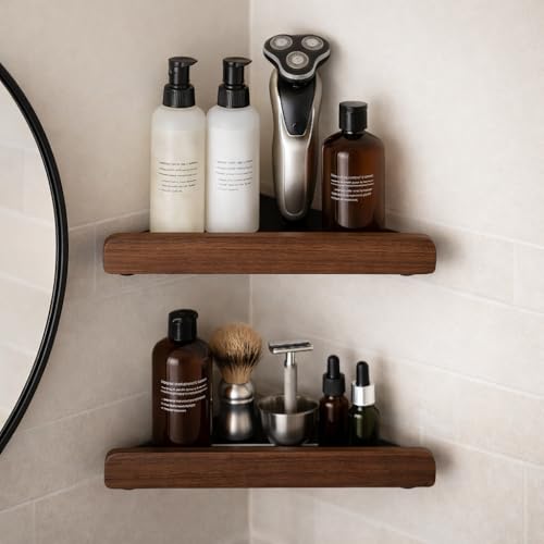 2 Tier Corner Shower Shelf, Shower Caddy with Walnut Wood Finish | corner shower shelf with walnut wood and aluminum frame,no-drill bathroom storage organizer for shampoo and toiletries.