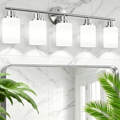 5-Light Brushed Nickel Vanity Lights, Bathroom Light Fixtures with Textured Milky White Glass Shade, Modern Bathroom Lighting Fixtures Over Mirror Wall Sconce Light - E26 Base - color: Nickel, size: 31.4 Inch : 5-Light