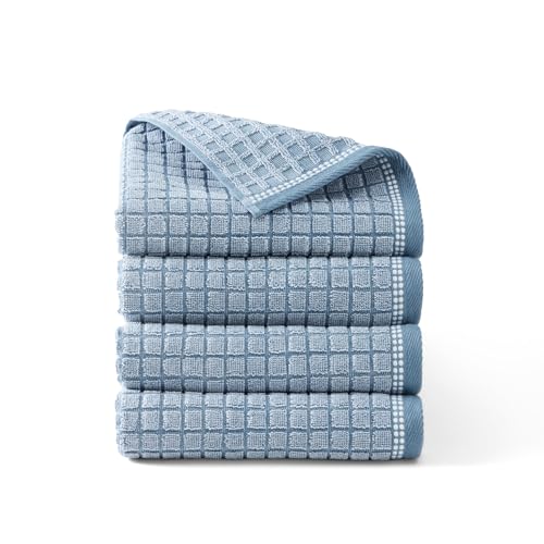 Town & Country Everyday 4-Piece Textured Windowpane Hand Towel Set, 20x30-Inch, 100% Cotton, Plush & Absorbent 550GSM, Blue - color: Blue