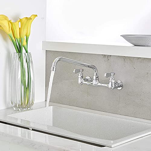 Wall Mount Kitchen Faucet with 12 Inch Swivel Spout, Chrome | Lead-Free Brass,Dual Handle Hot/Cold,8" Center,3 Compartment Commercial Faucet for Kitchen Laundry Room Restaurant - size: 12 Inch