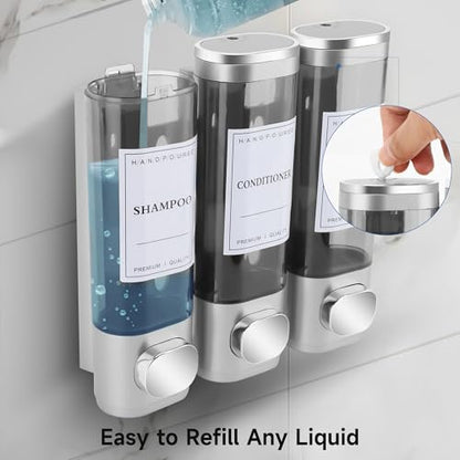 Shampoo and Conditioner Dispenser, 3 Chamber 300ml, Wall Mounted, Silver | Shower Soap Dispenser, Refillable Hand Soap Dispensers, Body Wash Dispenser for Bathroom, Kitchen, Hotel, Home - color: Silver, size: 3 Chamber