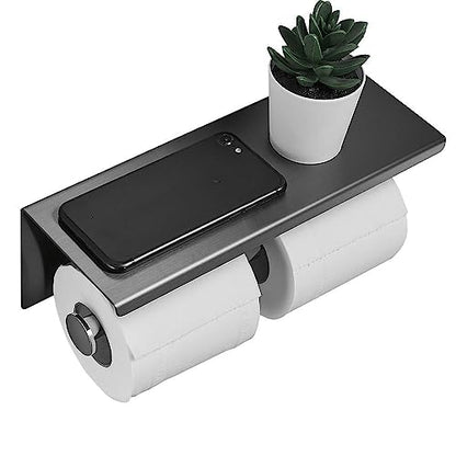 Toilet Paper Holder with Phone Shelf, Wall Mounted Stainless Steel Tissue Dispenser for Bathroom (Double Roll-Black) - color: Double Roll-black