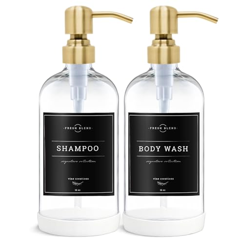 Vine Creations Clear Glass Soap Dispenser, 2 Pack Kitchen Soap Dispenser Set with Stainless Steel Pump, 16 oz Dish Soap and Hand Soap Dispensers for Bathroom with Waterproof Labels - color: Clear Bottle / Brushed Gold Pump