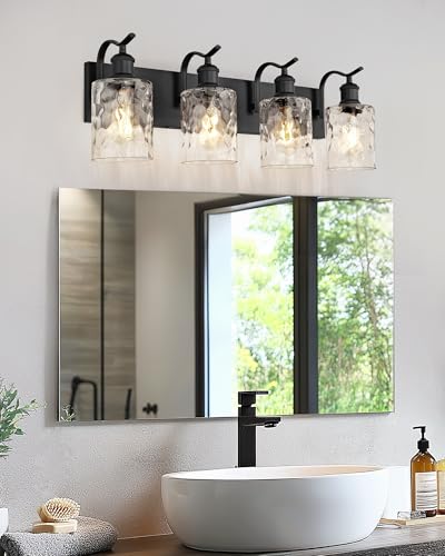 Bathroom Vanity Light Fixtures 4-Light Hammered Glass Modern Wall Mounted Over Mirror Black - VL01BKH-4 - color: Black & Hammered Glass, size: 4 LIGHT