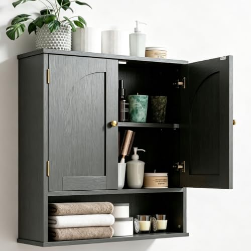 Black Bathroom Cabinet Wall Mounted,2-Door Wooden Medicine Cabinet with Adjustable Shelf Open Storage,Over The Toilet Space Saver Cabinet for Bathroom Living Room - color: Black (Solid Door)