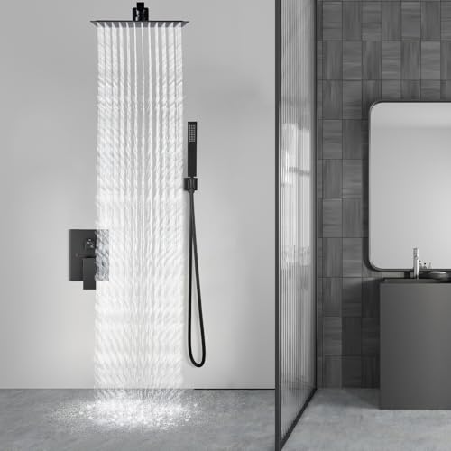 Aolemi Shower Faucet Set with Handheld Matte Black 16 Inch Head | Pressure Balance Shower Valve and Trim Kit,SUS304 Rain Head and Handle System,All Metal,Wall Mount,Bathroom,Handheld Spray - color: Black, size: 16 Inch Wall Mount Shower Head