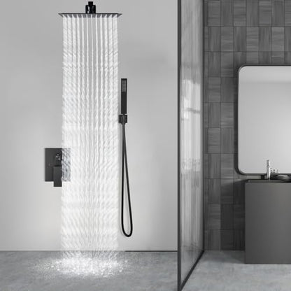 Aolemi Shower Faucet Set with Handheld Matte Black 16 Inch Head | Pressure Balance Shower Valve and Trim Kit,SUS304 Rain Head and Handle System,All Metal,Wall Mount,Bathroom,Handheld Spray - color: Black, size: 16 Inch Wall Mount Shower Head