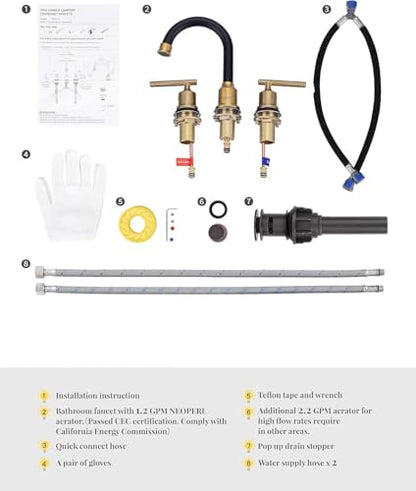 WOWOW 3 Hole Bathroom Faucet Widespread Bathroom Sink Faucet with Pop Up Drain Stopper Vanity Faucet 2 Handle Basin Taps Black and Gold Mixer Tap with Supply Hoses - color: Brushed Gold and Black, size: Widespread