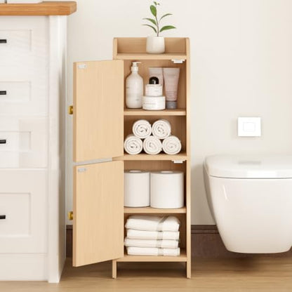 Rattan Narrow Bathroom Storage Cabinet, 7.9''D x 9.8''W x 29.5''H, Toilet Paper Storage Cabinet with 2 Doors & Adjustable Shelf, Space-Saving Bathroom Organizer for Small Spaces, Natural Oak