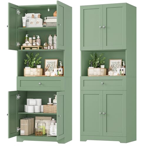 Tall Bathroom Storage Cabinets with Drawer, Modern Linen Cabinet with Doors & Shelves, 67"H Tall Storage Cabinet Freestanding for Bathroom, Dining Room, Kitchen & Pantry, Laundry, Narrow Corner, Green - color: Green