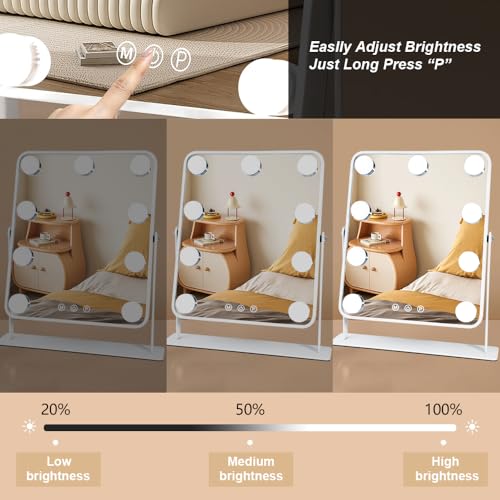 YEKKOPT Vanity Mirror with Lights,Lighted Makeup Mirror with 9 LED Bulbs, Light Up Makeup Mirror with Lights for Dressing Room & Bedroom,Smart Touch Control,360 Rotation - size: 14"L x 12"W