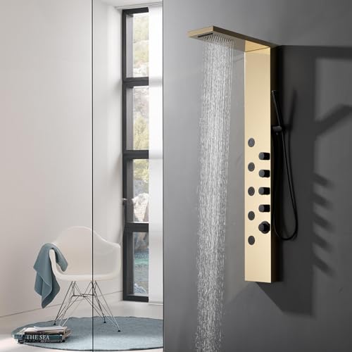 Shower Panel Tower System with Rainfall Shower Head | 5 Body Jets and Handheld Shower Head,Modern Massage Shower System Polished Gold and Black by Homevacious - color: Polished Gold and Black, style: Standard Shower Panel