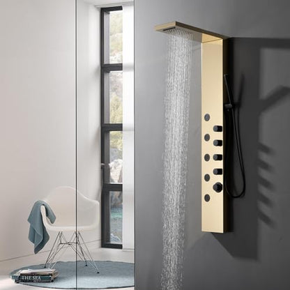 Shower Panel Tower System with Rainfall Shower Head | 5 Body Jets and Handheld Shower Head,Modern Massage Shower System Polished Gold and Black by Homevacious - color: Polished Gold and Black, style: Standard Shower Panel