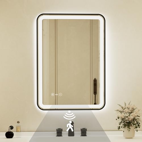 24x32 Inch Black Framed LED Bathroom Mirror with Lights,Smart Bathroom Mirror,Motion Sensor,Anti-Fog,Stepless Dimmable & 3 Colors,Memory,Vanity Mirror for Wall - color: Black-with Sensor Lights, size: 24"L x 32"W