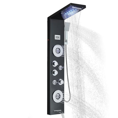 AlenArt Shower Panel Tower System Rainfall Waterfall Shower Head with Body Jets Stainless Steel Rain Massage System 5-Function High Pressure Shower Panel Tower System,HFT8029 - color: Black