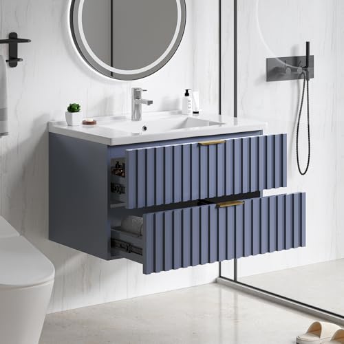 ONBRILL 30 Inch Bathroom Vanity with Sink Combo, Floating Bathroom Vanity with 2 Fluted Drawers & Metal Handle, Modern Wall Mount Storage Cabinet with Ceramic Integrated Sink for Small Space (Blue) - color: Blue, size: 30"