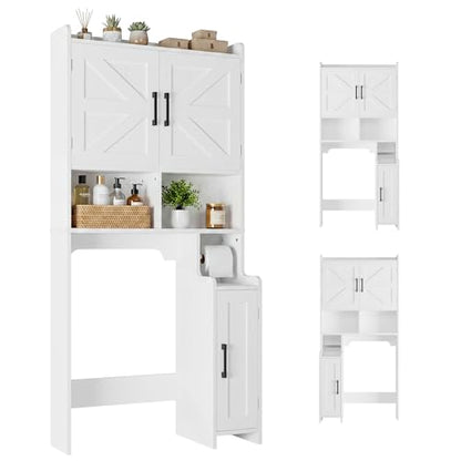 IRONCK 67 in Over The Toilet Storage Cabinet with Adjustable Shelves White | waterproof; side cabinet; toilet paper holder; anti-tip stable frame; bathroom laundry room; barn door farmhouse decor