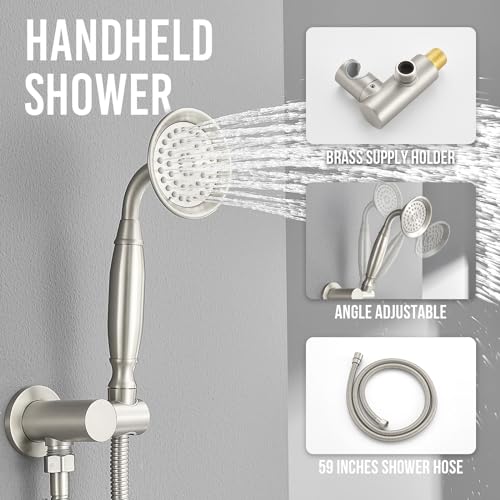 DASAN Antique Shower Faucet Sets Complete Rain Shower System in Wall with Body Shower Spray Jets, Brushed Nicke Shower Fixtures with Rainfall Overhead Shower, Handheld, Valve & Trim Kit, AT249W-BN - color: Brushed Nickel