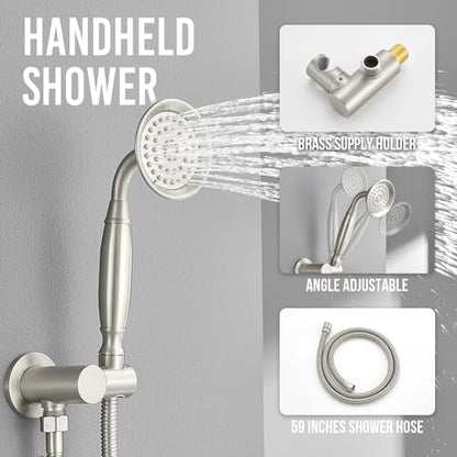 DASAN Antique Shower Faucet Sets Complete Rain Shower System in Wall with Body Shower Spray Jets, Brushed Nicke Shower Fixtures with Rainfall Overhead Shower, Handheld, Valve & Trim Kit, AT249W-BN - color: Brushed Nickel