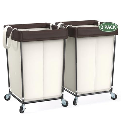 2PK Rolling Laundry Basket with Wheels, Rolling Laundry Hamper with Wheels | Double Laundry Hampers Cart on Wheels, Narrow Slim Clothes Hamper Organizer with Sturdy Metal Frame, Beige - color: Beige 2 Pack, size: 160L