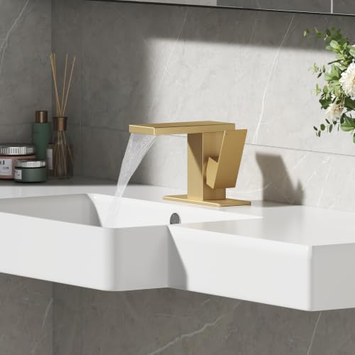 Hoimpro Bathroom Faucet 1 Hole, Single Handle Sink Faucets Brushed Gold | Widespread Vanity Faucet with 6 Inch Deck Plate Pop-up Drain & cUPC Supply Line Stainless Steel, for Vanity RV Restroom - color: Brushed Gold