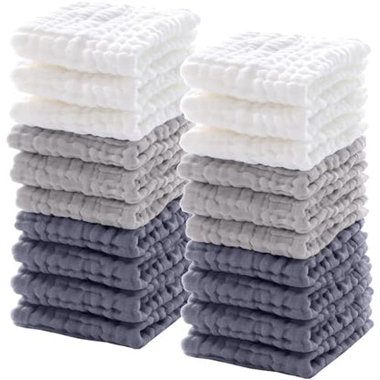 20 Pcs Baby Muslin Washcloth 12 x 12 Inch 100% Cotton Soft and Absorbent Muslin Washcloth Burp Cloth Wipe Newborn Face Towel for Baby Boy Girl Sensitive Skin(White, Light Gray, Gray) - color: White, Light Gray, Gray