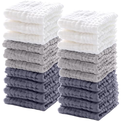 20 Pcs Baby Muslin Washcloth 12 x 12 Inch 100% Cotton Soft and Absorbent Muslin Washcloth Burp Cloth Wipe Newborn Face Towel for Baby Boy Girl Sensitive Skin(White, Light Gray, Gray) - color: White, Light Gray, Gray