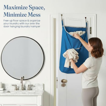 The Fine Living Co. X-Large Hanging Laundry Hamper with Over Door Hooks & Adhesive, Durable Space Saving Laundry Bag with Zipper and Wide Open Top, Hanging Dorm Laundry Hamper 20"x3.75"x31" (Blue-XL) | Hanging Dorm Laundry Hamper with Over Door Hooks & Ad