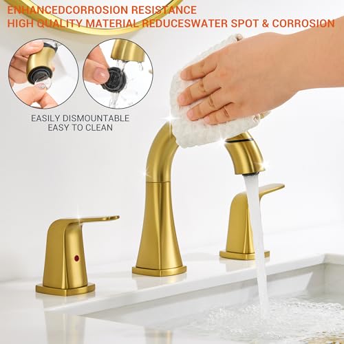 Gold Bathroom Faucet with Sprayer - Brushed Gold Faucets for Sink 3 Holes, Bathroom Pull Down Faucet, 2 Handles 8 Inch Widespread Vanity Faucet with Pull Out Sprayer & Pop-up Drain - color: Brushed Gold