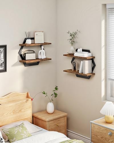 Hexagon Floating Shelves for Wall, Set of 2, 2 -Tier Hanging Shelves, Wall Mounted Storage Shelves, for Living Room, Bedroom, Kitchen, Home Office, Study, Rustic Brown and Black TBJ06P2BF - color: Rustic Brown + Black