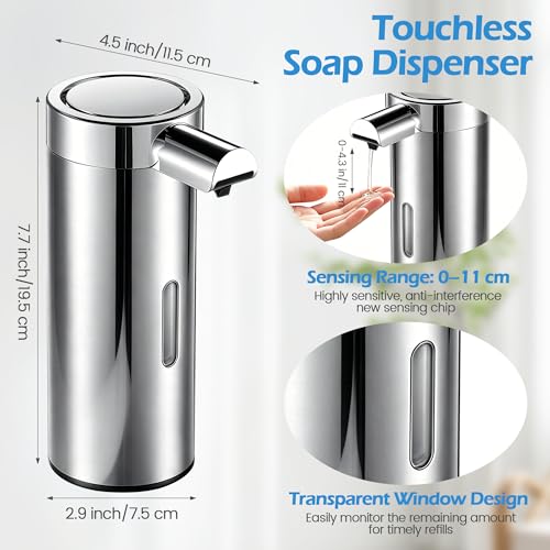 Automatic Soap Dispenser Touchless Soap Dispenser, 360 ML Rechargeable Sensor Pump with 304 Stainless Steel, 3-Level Adjustable, Water-Resistant for Kitchen Bathroom, Silver