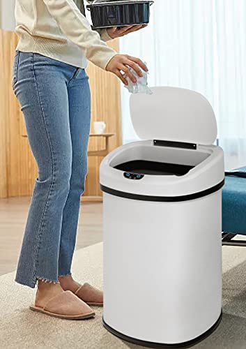 13 Gallon/50 L Kitchen Trash Can with Lid, Stainless Steel Garbage Can with Touch-Free Lid, Cute Trash Can Automatic Trash Can Bathroom Trash Can with Lid, Motion Sensor Trash Can Brushed Finish - color: White
