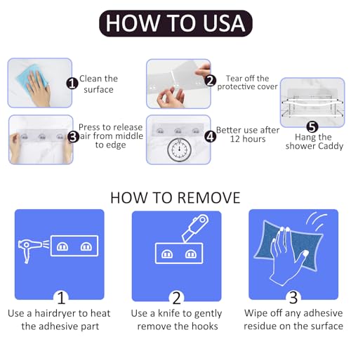 Shower Caddy Adhesive - Strong Shower Caddy Adhesive Hooks Replacement, Waterproof Shower Adhesive Strips, No Drilling, for Bathroom Storage Shelves and Kitchen Racks 16 Pack
