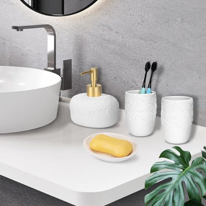 Bathroom Accessories Set, 4pcs Ceramic with Embossed Design Look Sets Bathroom Soap Dispenser with Rust-Proof Plastic Pump 13.5oz & 2Pcs Ceramic Cup, 1Pcs Soap Dish - color: White-gold