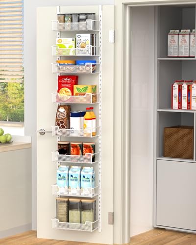 VyGrow 12.3" W Narrow Over the Door Pantry Organizer, 8-Tier Over the Door Organizer with Adjustable Basket, Pantry Door Organization for Pantry Kitchen Storage Room Spice Rack, White - color: White, size: 12.3"W 8-Tier