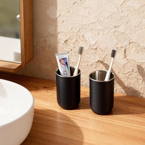 Unbreakable Stainless Steel Toothbrush Holder Tumbler Cup for Bathroom 13oz | Reusable Kids Bathroom Tumbler Cup & Tooth Brush Holder, Mens Countertop Toothpaste Organizer Storage Set, Black 2 Pack - color: Black