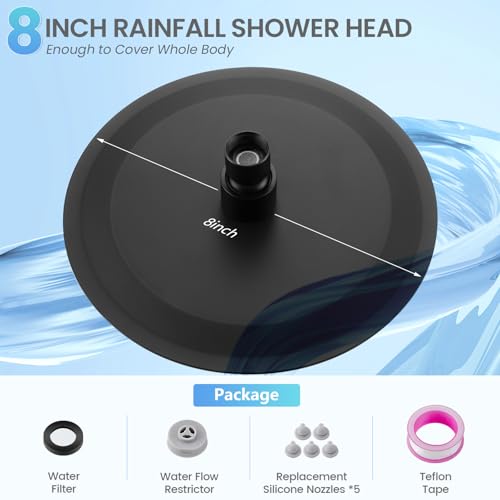 8 Inch Matte Black Round Rainfall Shower Head, All Metal Stainless Steel Rain Shower Heads with 90 Anti-Clog Silicone Nozzles, Wall or Ceiling Mount - color: Matte Black, size: 8 Inch