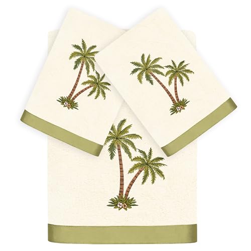 Flourish 3-Piece Towel Set, Embroidered Palm Tree Design, 100% Turkish Cotton, Super Absorbent & Luxurious, Tropical Bathroom Decor, 1 Bath 2 Hand Towels, Beige - color: Beige, size: 1 Pc Bath 2 Pcs Hand Towel