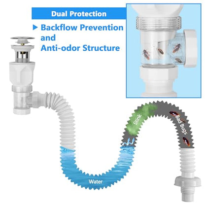 Bathroom White 2 Pack Sink Drain Kit, with Flexible Expandable P-Trap Sink Drain Pipe, Fits 1-1/4",1-1/2" and 2'' Drain Hole, Built-in Anti-Clogging Stopper, Anti-Odor With Overflow - color: White With Overflow, style: 2 Pack