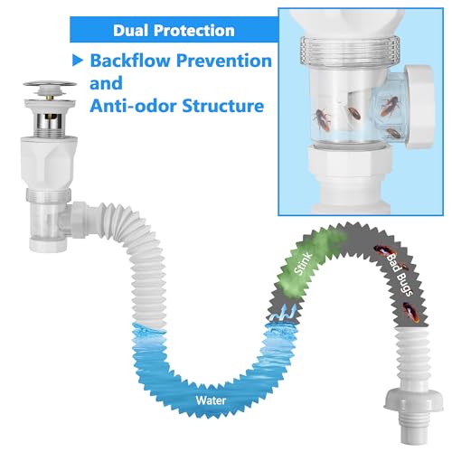Bathroom White Sink Drain Kit, with Flexible Expandable P-Trap Sink Drain Pipe, Fits 1-1/4",1-1/2" and 2'' Drain Hole, Built-in Anti-Clogging Stopper, Anti-Odor With Overflow - color: White With Overflow, style: 1 Pack