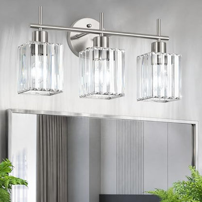 Brushed Nickel Bathroom Light Fixtures, Square, 3-Light | Vanity Lights with Crystal Shades, Modern Bathroom Lighting Fixtures over Mirror (Bulbs Not Included, E26) - color: Brushed Nickel (Square), size: 3-Light