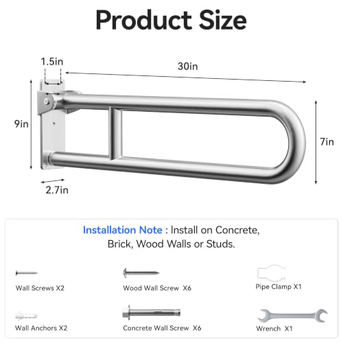 Toilet Grab Bar, Flip Up Foldable Bathroom Safety Handrail, Wall Mounted 304 Stainless Steel Support Rail for Elderly Seniors Handicap Toilet Assistance（30inch） - size: 30inch