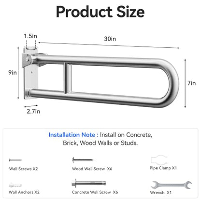 Toilet Grab Bar, Flip Up Foldable Bathroom Safety Handrail, Wall Mounted 304 Stainless Steel Support Rail for Elderly Seniors Handicap Toilet Assistance（30inch） - size: 30inch