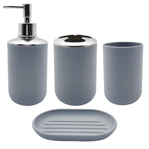 Bathroom Accessory Set, 4 pcs Shatter-Resistant Resin Bathroom Accessories Set Include Lotion Soap Dispenser Toothbrush Holder Soap Dish Modern Bathroom Decor, Gift for Home (Grey 4pcs) - style: Grey 4pcs