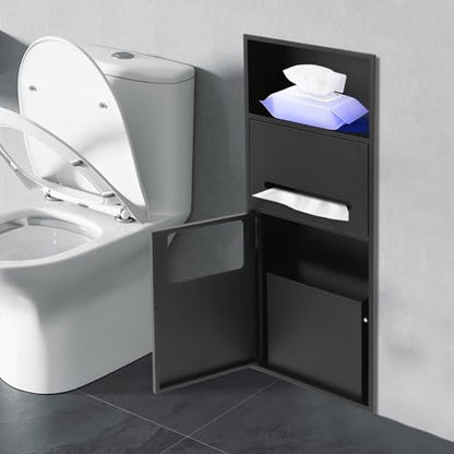 Black Recessed Toilet Paper Holder, Shower Niche 304 Stainless Steel | Bathroom Trash Can Holder Cabinets, Wall-Inserted Niche Recessed Large Capacity 44Lbs for Bathroom Storage-11.02x5.31x27.56in - color: Black