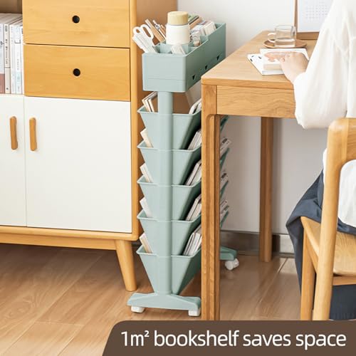 5 Tier Rolling Book Cart Multi-Functional Movable Storage Bookshelves | rolling bookshelf,Movable Storage Bookshelves with Lockable Wheels for Study Office Library Classroom, - color: Blue