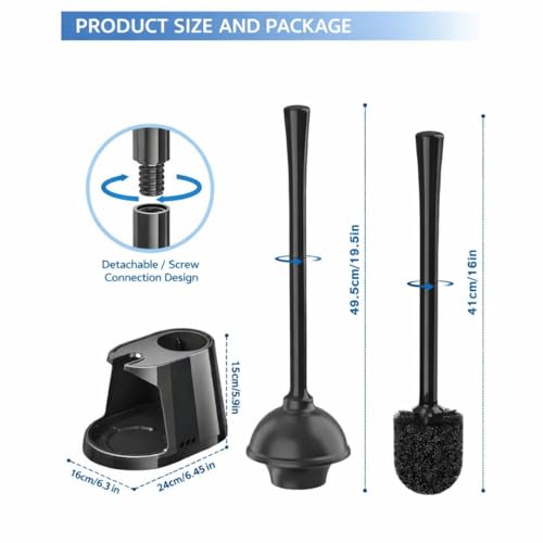 2-in-1 Toilet Bowl Brush and Plunger Set - Toilet Plunger Brush Set for Bathroom - Heavy Duty Rubber Plunger and Durable Toilet Brush, Compact Bathroom Cleaning Set for Home, Apartment (Black)
