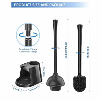 2-in-1 Toilet Bowl Brush and Plunger Set - Toilet Plunger Brush Set for Bathroom - Heavy Duty Rubber Plunger and Durable Toilet Brush, Compact Bathroom Cleaning Set for Home, Apartment (Black)