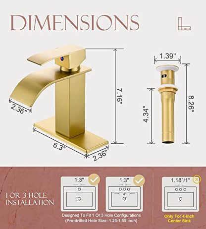 Gold Bathroom Faucet, Waterfall Sink Faucet with Drain for 1 or 3 Hole | YardMonet Brushed Gold Bathroom Sink Faucet, Modern Waterfall Spout Faucet with Drain Assembly and Hose, 304 Stainless Steel - size: Short